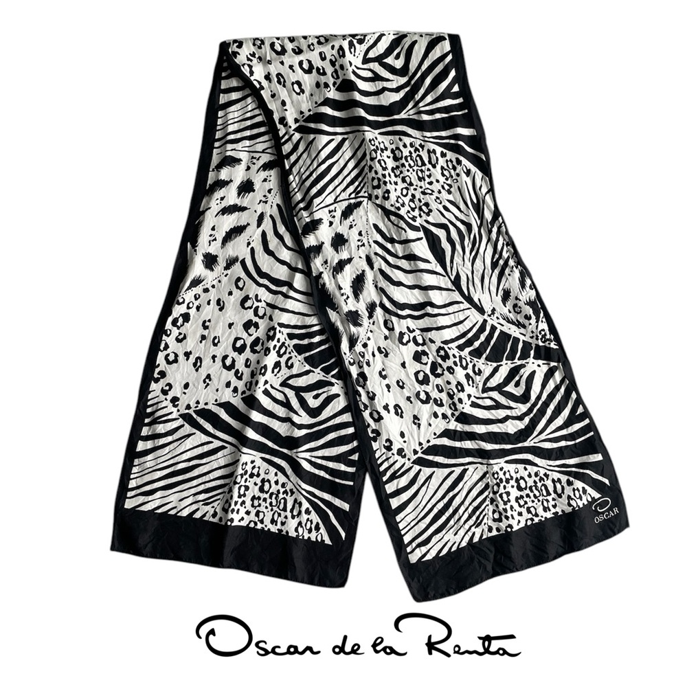 Oscar De La Renta Vintage Silk Scarf Animal print zebra leopard black white - Picture 2 of 10